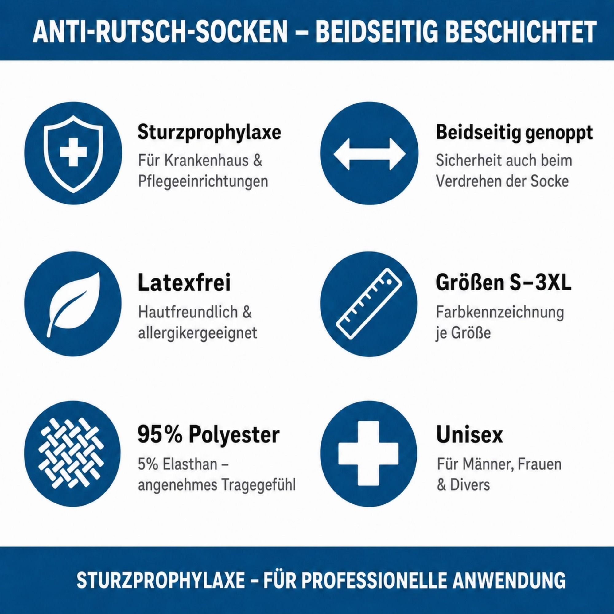 Infografik: Anti-Rutsch-Socken, Sturzprophylaxe, latexfrei, Größen S-3XL, Unisex, 95% Polyester.