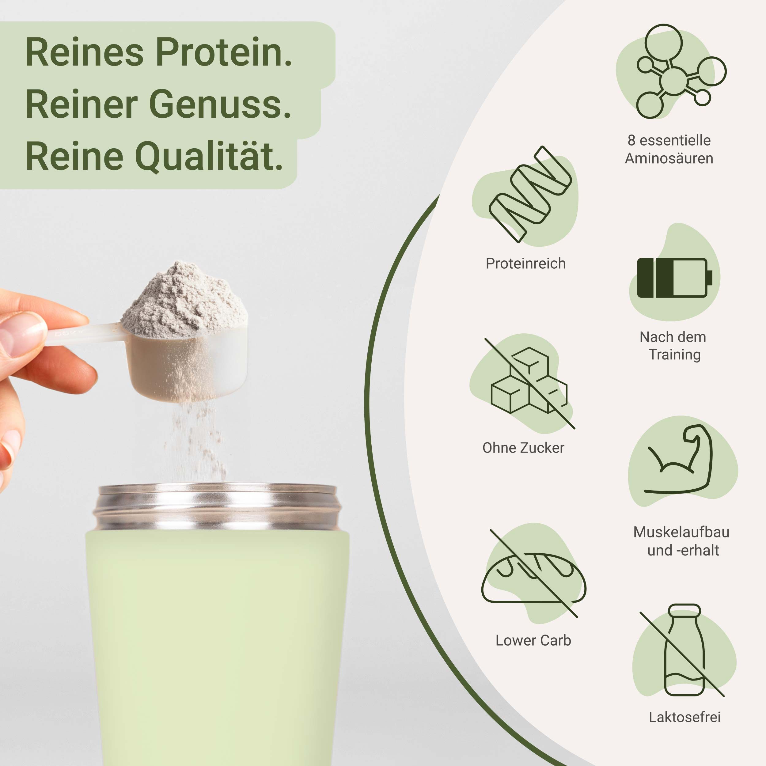 Person gibt Pulver in Shaker. Text: Reines Protein, 8 essentielle Aminosäuren, proteinreich, ohne Zucker, laktosefrei.