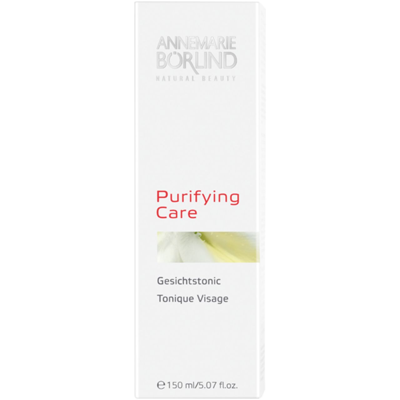 Weiße Verpackung mit Text. Aufschrift: ANNEMARIE BÖRLIND, PURIFYING CARE, Gesichtstonic.