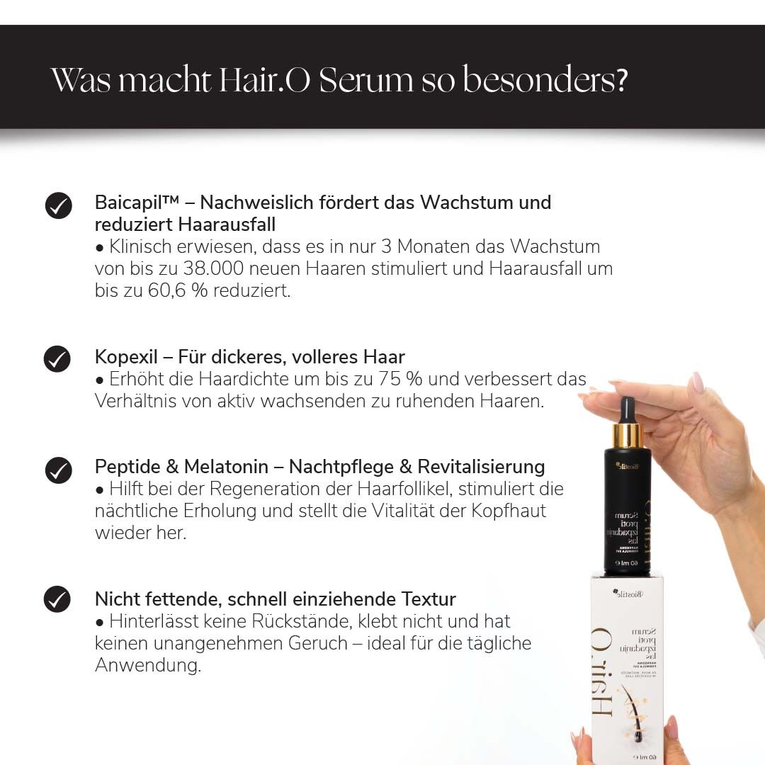Serumflasche und Verpackung. Text: Was macht Hair.O Serum so besonders? Aufzählungspunkte.