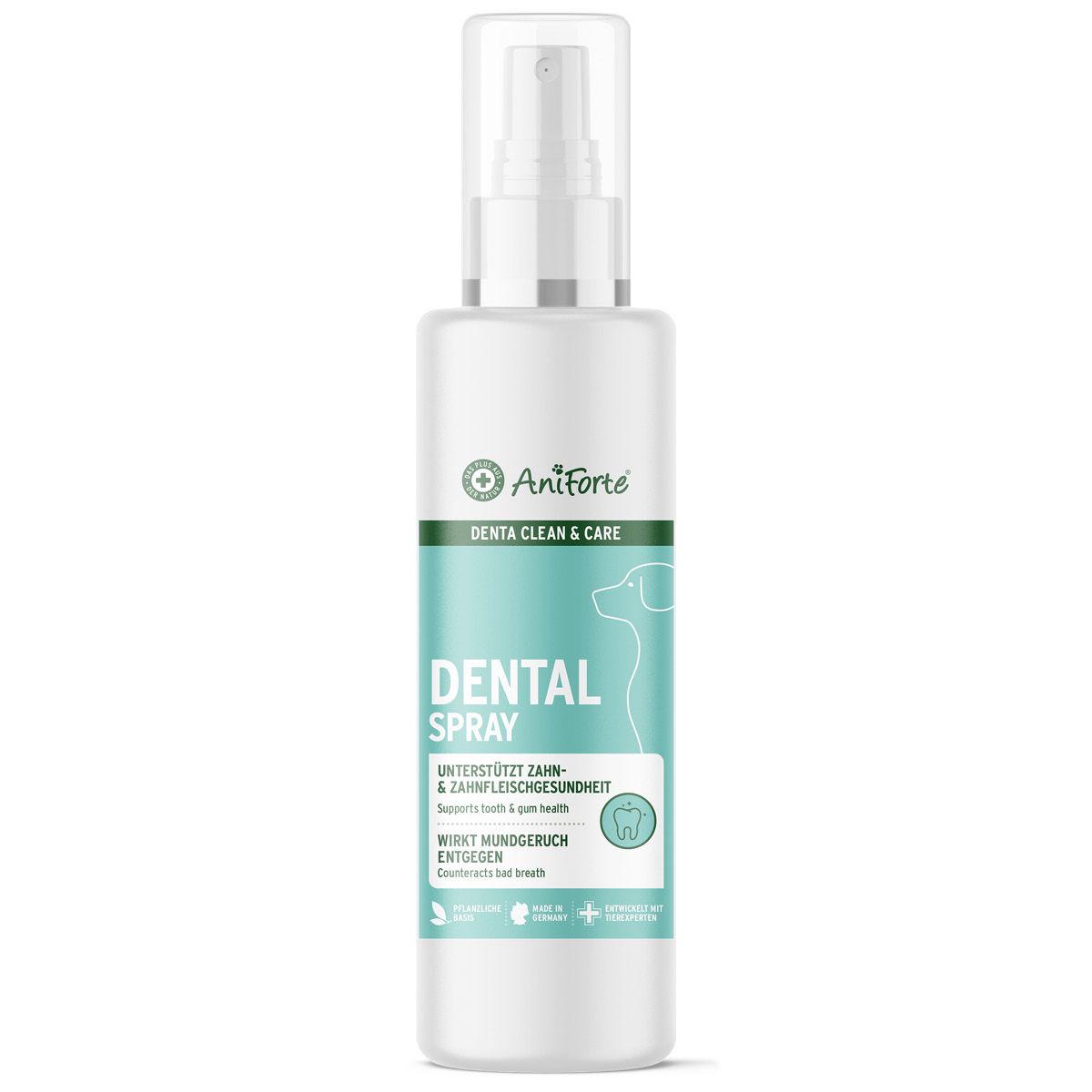Weiße Sprühflasche mit grünem Etikett. Text: AniForte, Denta Clean & Care, Dental Spray. Unterstützt Zahn- & Zahnfleischgesundheit.