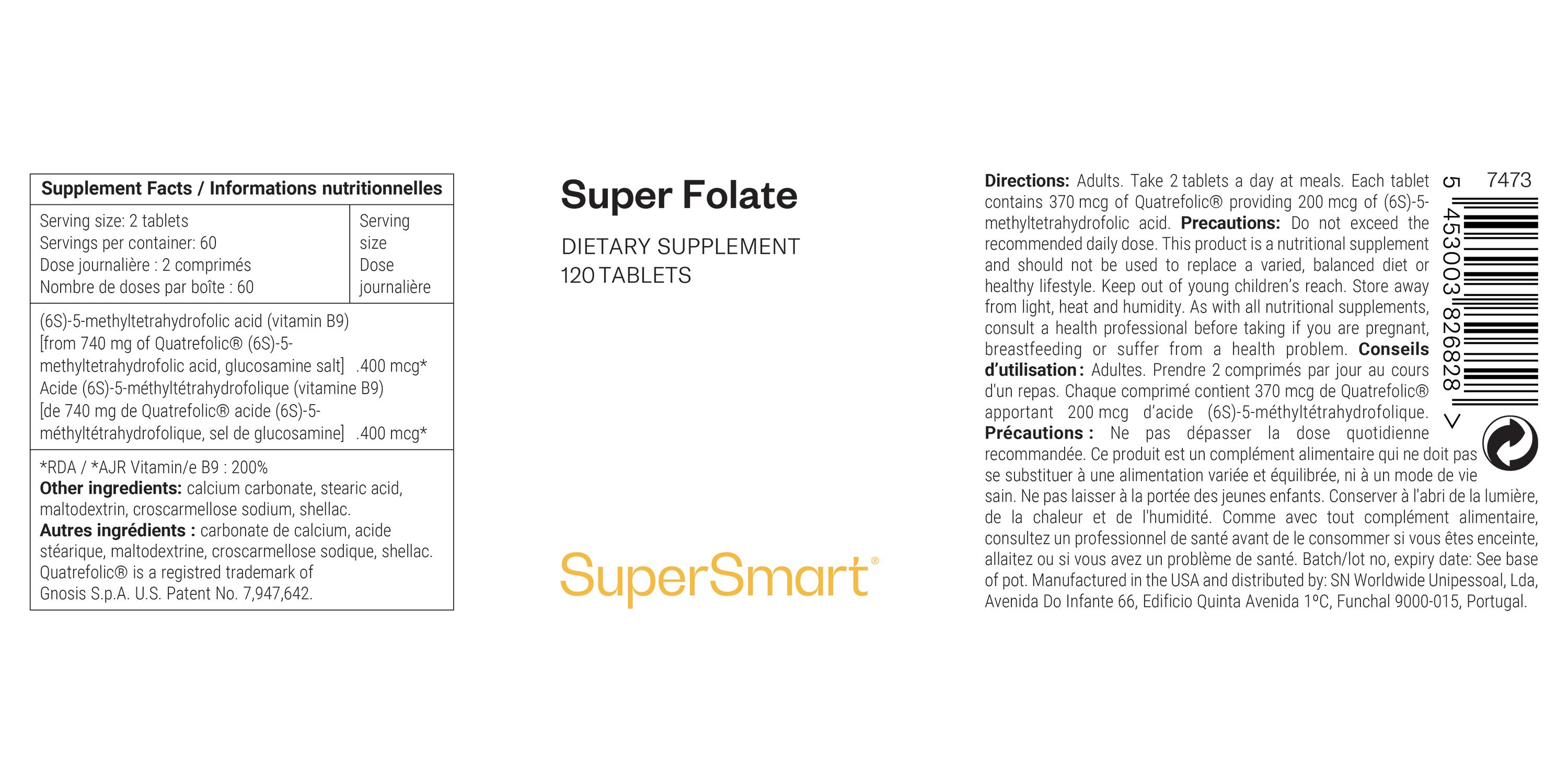 SuperFolate-Etikett. Enthält Informationen zu Inhaltsstoffen, Dosierung und Hersteller. SuperSmart-Logo.
