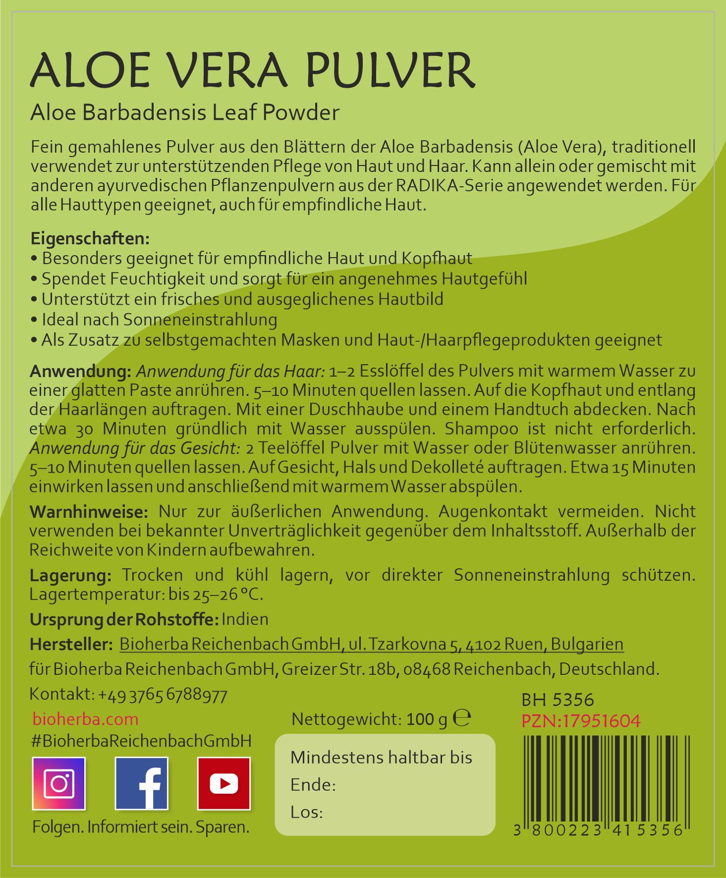 Rückseite der Verpackung. Text in deutscher Sprache. Informationen zu Inhaltsstoffen, Anwendung, Lagerung und Hersteller.