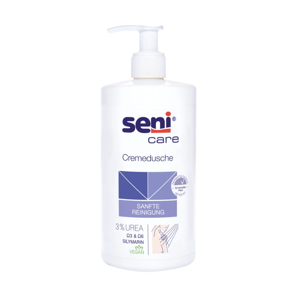 Weiße Flasche mit Pumpverschluss. Aufschrift: seni care Cremedusche, 3% Urea, sanfte Reinigung, vegan.