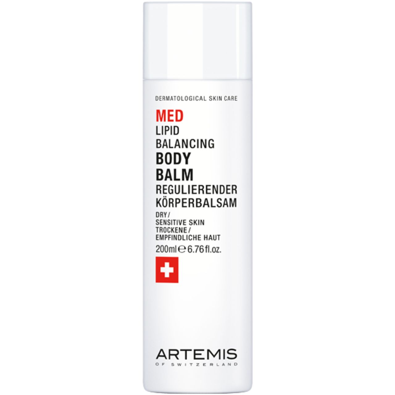 Weißer Behälter mit roter und weißer Beschriftung. Text: MED Lipid Balancing Body Balm, Regulierender Körperbalsam. Schweizer Kreuz.