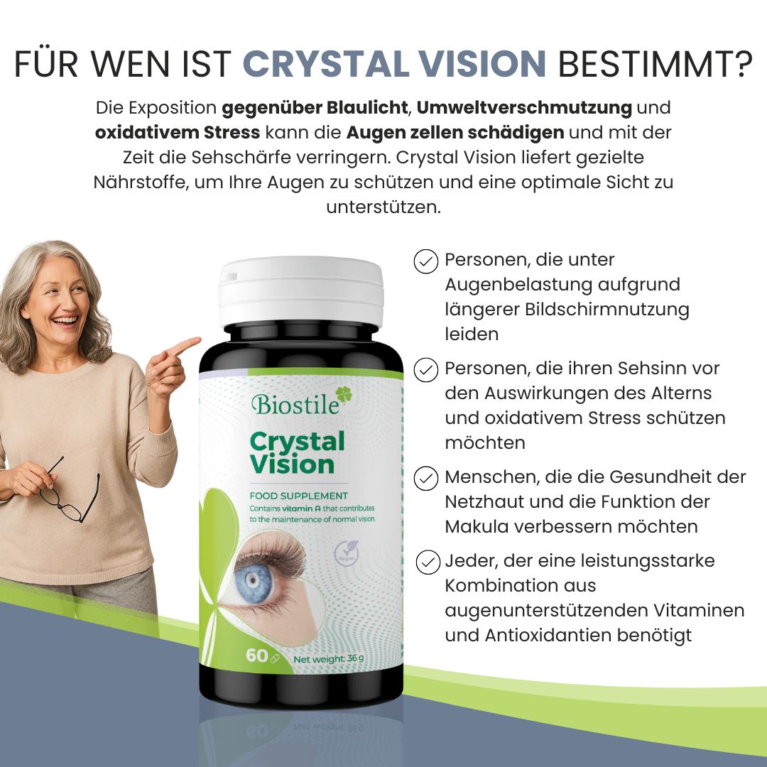 Flasche Biostile Crystal Vision neben Frau mit Brille. Text: Für wen ist Crystal Vision bestimmt? Auflistung von Zielgruppen.