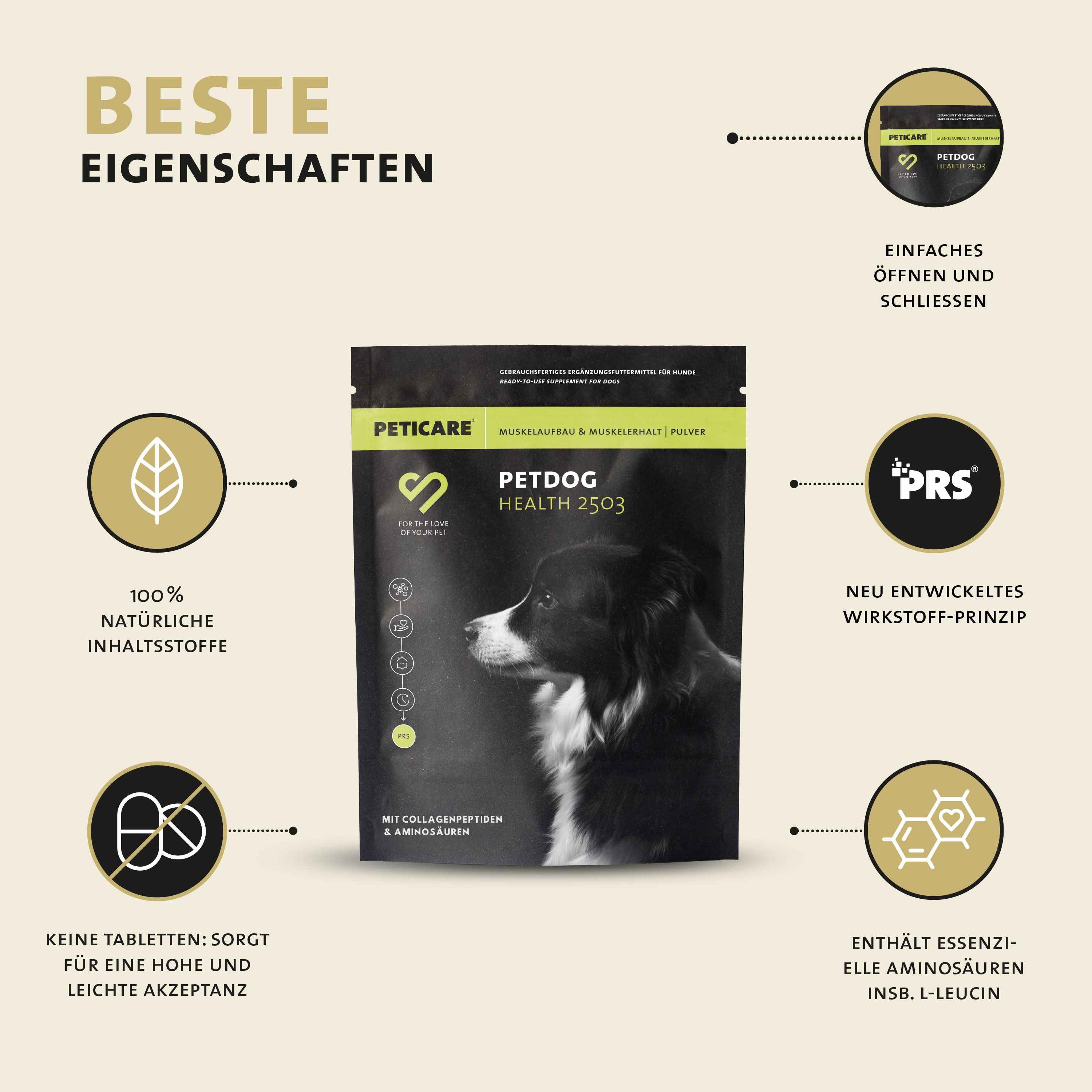 Produktbeutel neben Infografiken. Text: Beste Eigenschaften, 100% natürliche Inhaltsstoffe, einfache Handhabung, enthält essentielle Aminosäuren.