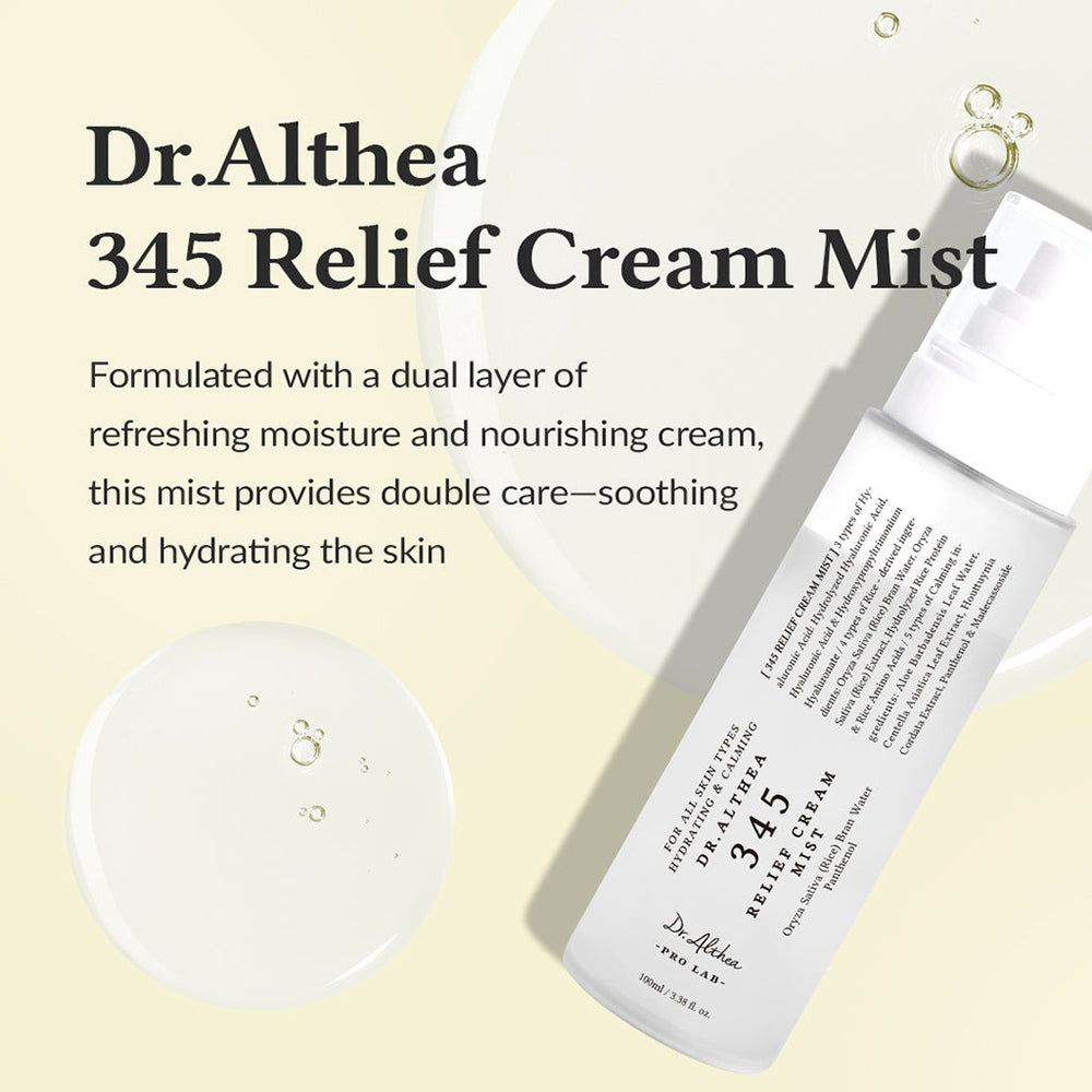 Dr. Althea 345 Relief Cream Mist Sprühflasche neben einem Wassertropfen.