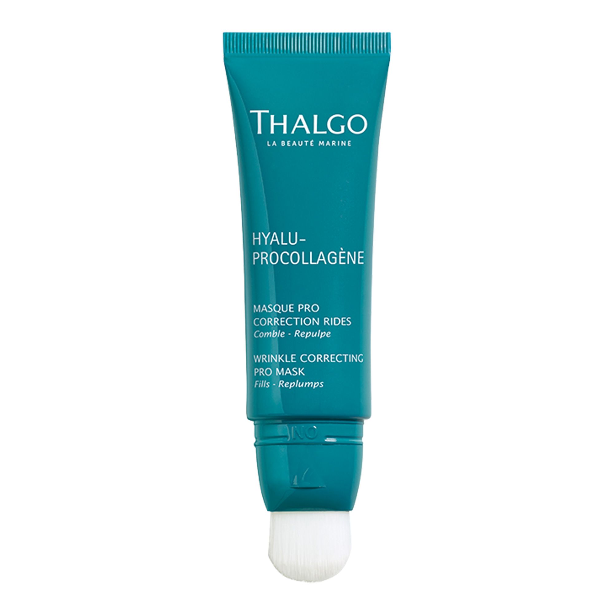 Türkisfarbene Tube mit weißem Pinsel. THALGO-Logo und Produktbezeichnung. Text: HYALU-PROCOLLAGÈNE, Masque Pro, Correction Rides.