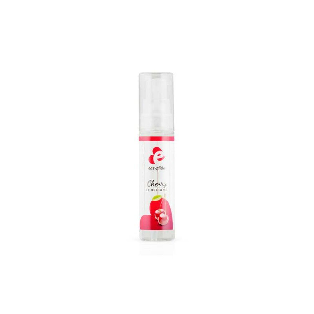 Transparente Flasche mit roter Banderole. Aufschrift: easyglide, Cherry Lubricant. Kirsch-Illustration.