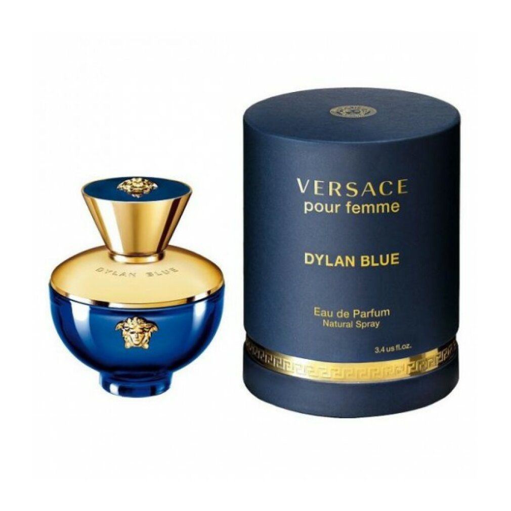 Versace Dylan Blue Eau de Parfum Flakon und Verpackung in Dunkelblau.