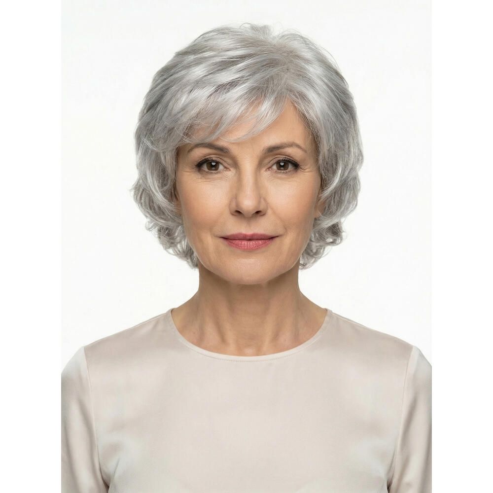 Frau mit grauer Perücke. Kurze, gewellte Frisur. Frontalansicht. Helles Oberteil. Weißer Hintergrund.