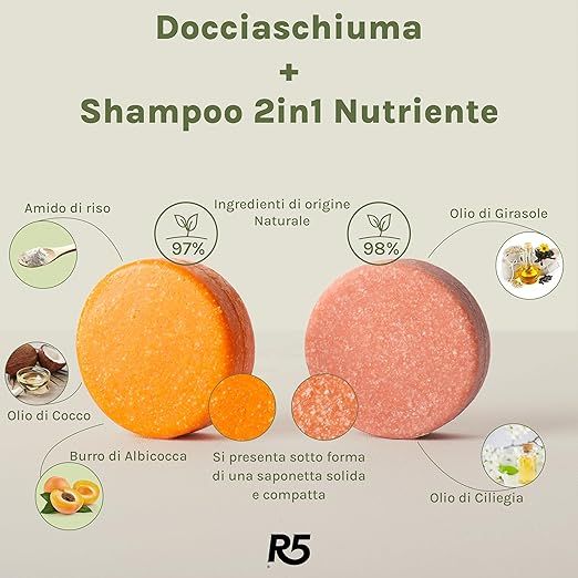 Zwei runde Seifenstücke, orange und rosa. Text: Docciaschiuma + Shampoo 2in1 Nutriente, R5, Inhaltsstoffe.