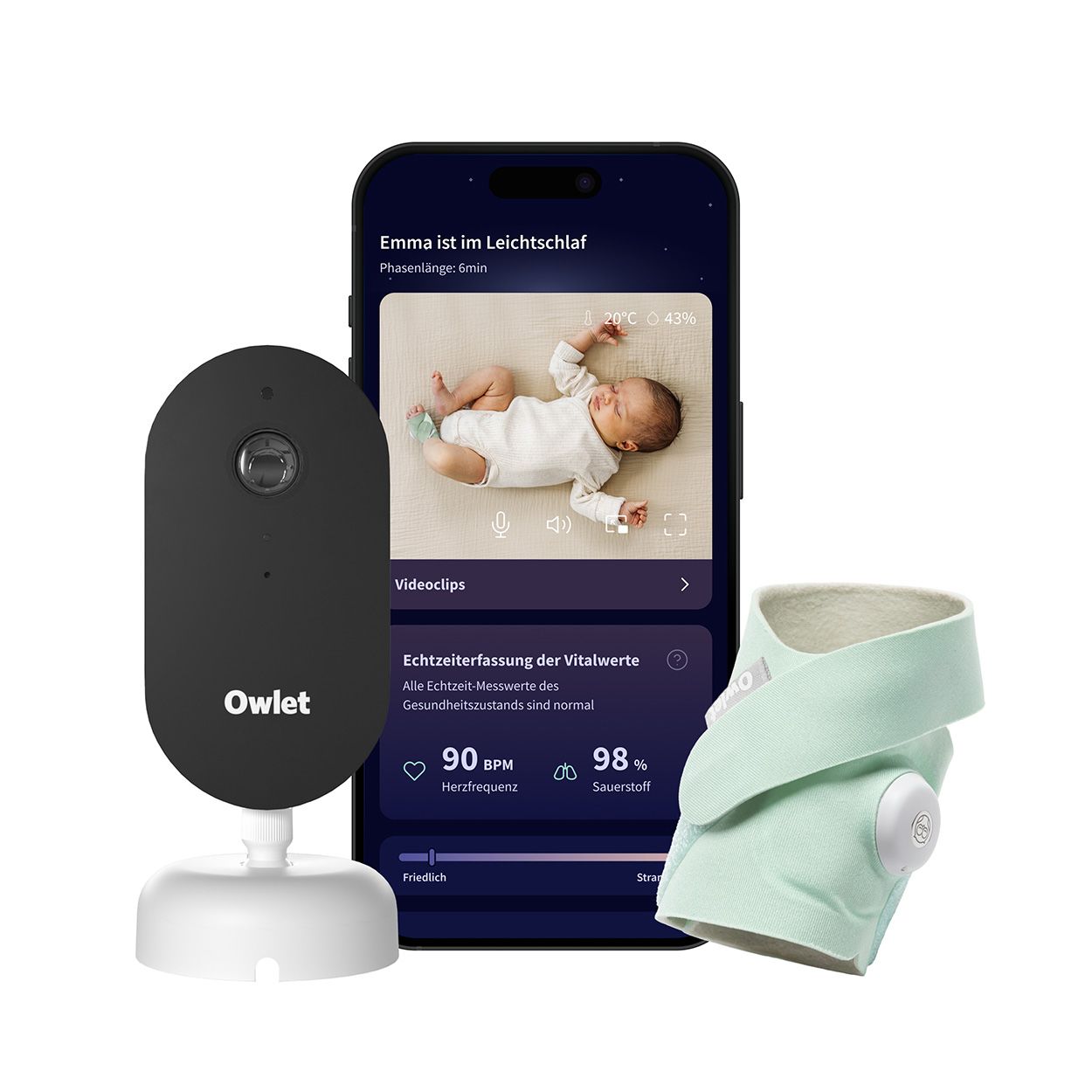 Schwarze Kamera, Smartphone mit Baby-Überwachung, mintfarbener Socken-Sensor. Vitalwerte werden angezeigt.