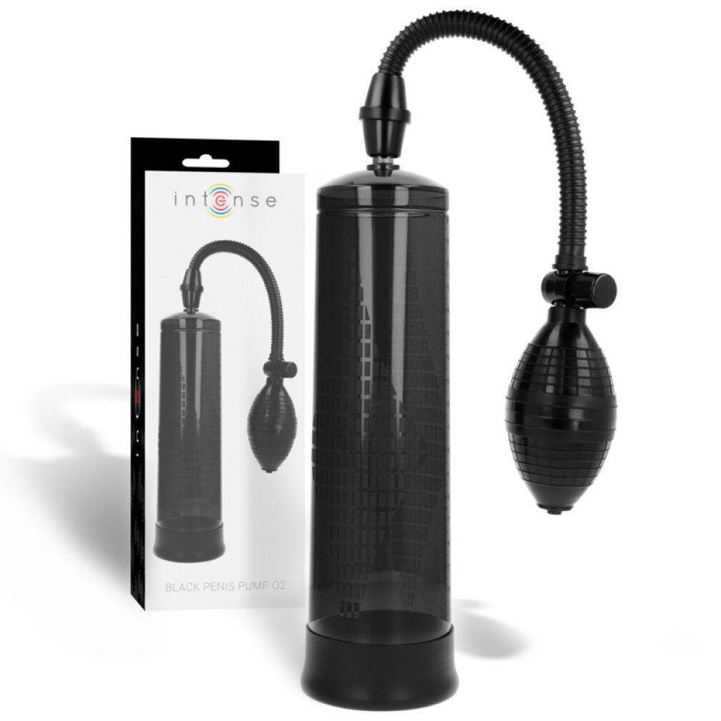 Schwarze Pumpe mit Zylinder, Schlauch und Ball. Verpackung mit Produktabbildung und Schriftzug "Intense Black Penis Pump 02".