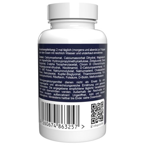 Rückseite einer weißen Flasche. Blaues Etikett mit Text und Barcode. Enthält Inhaltsstoffe und Verzehrempfehlung.