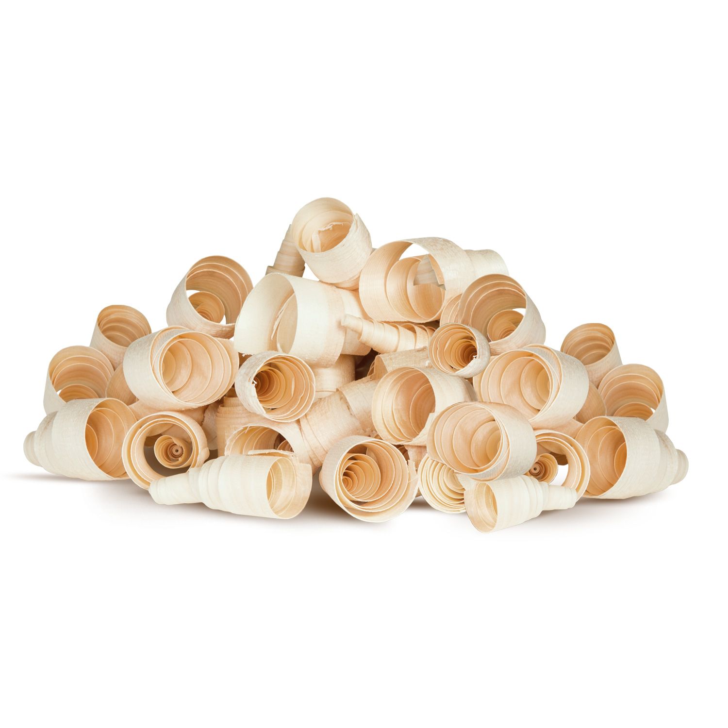 Gehobelte ZirbenLocken, hellbraun, in Haufen. Lockenartig gerolltes Holz, unterschiedliche Größen.