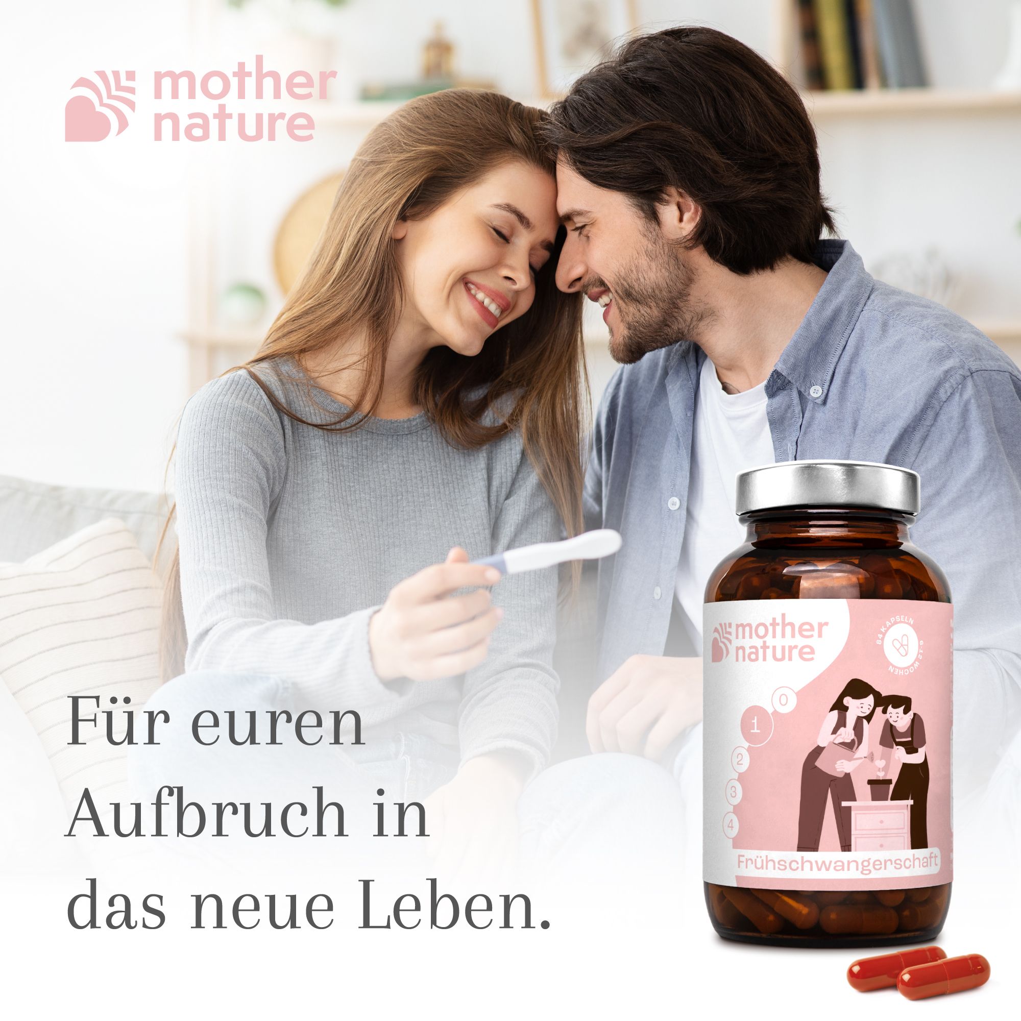 Paar freut sich über Schwangerschaftstest. Flasche mit Kapseln im Hintergrund. Aufschrift: Mother Nature.