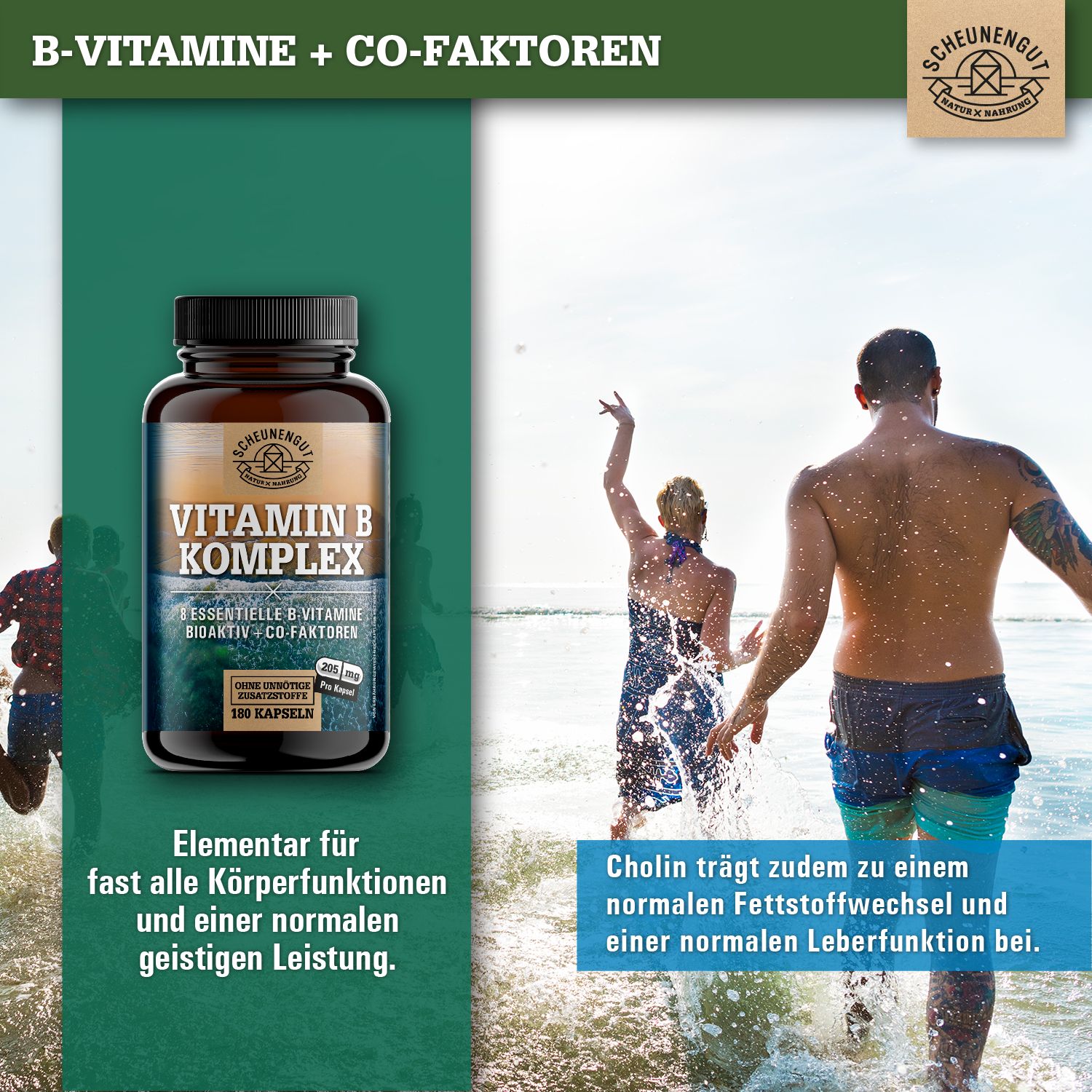 Vitamin B Komplex Flasche am Strand. Aufschrift: Vitamin B Komplex, 180 Kapseln. Personen im Hintergrund.