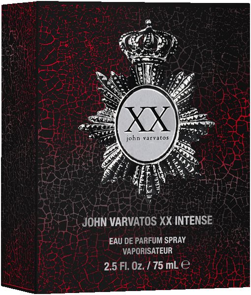 Dunkelrote Verpackung mit silbernen Details. Text: JOHN VARVATOS XX INTENSE, Eau de Parfum Spray. 2.5 Fl. Oz. / 75 ml.