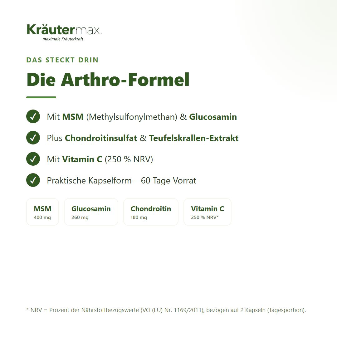 Kräutermax Arthro-Formel: Enthält MSM, Glucosamin, Chondroitin, Teufelskralle und Vitamin C. Kapselform für 60 Tage.