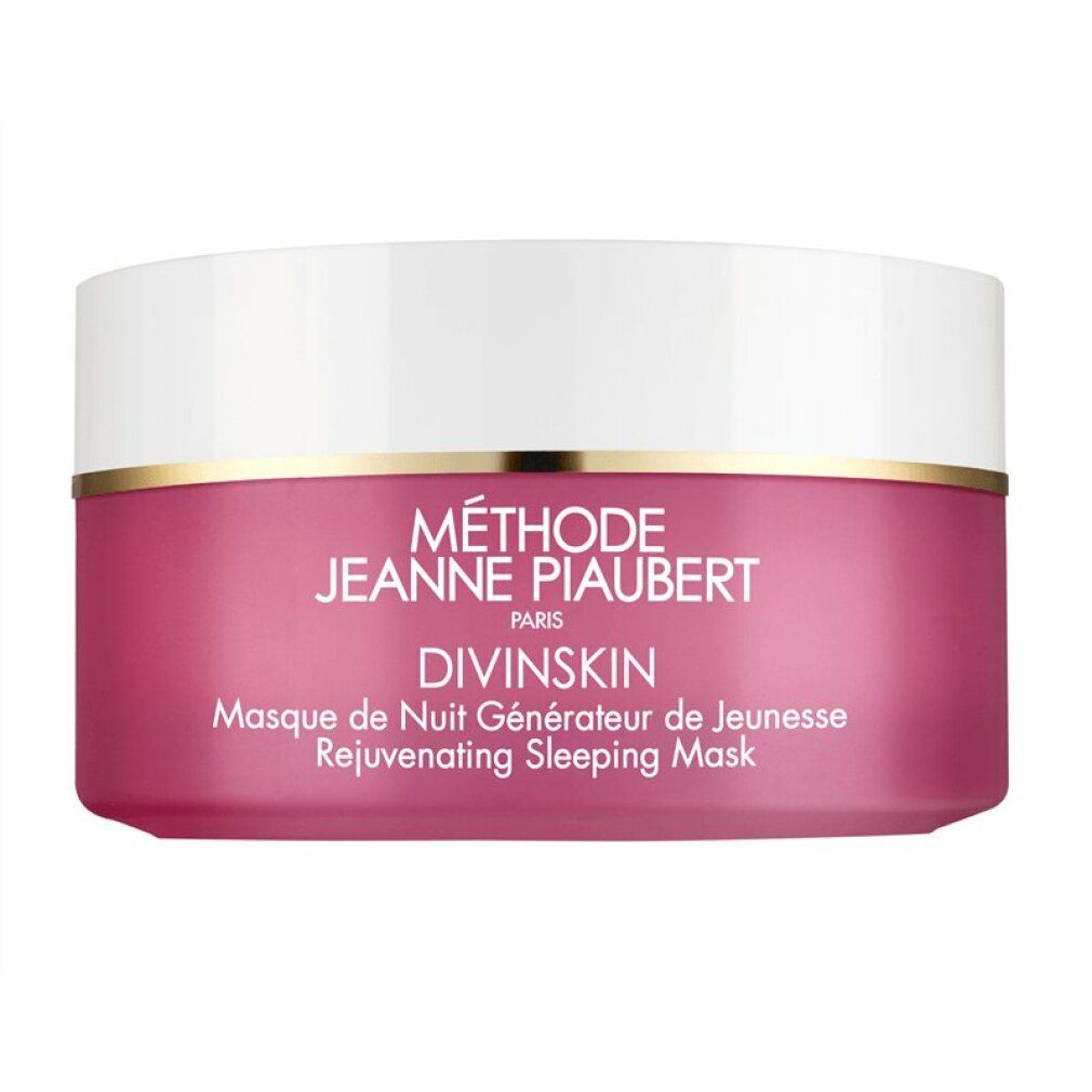 Rosa Tiegel mit weißem Deckel. Aufschrift: Methode Jeanne Piaubert, Divinskin, Masque de Nuit Générateur de Jeunesse, Rejuvenating Sleeping Mask.