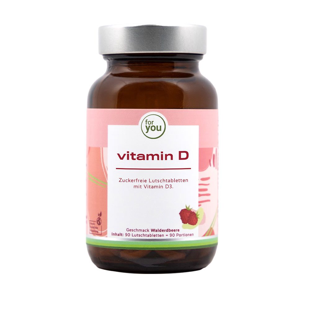 Braune Glasflasche "for you Vitamin D" Lutschtabletten. Etikett mit Produktinformationen.