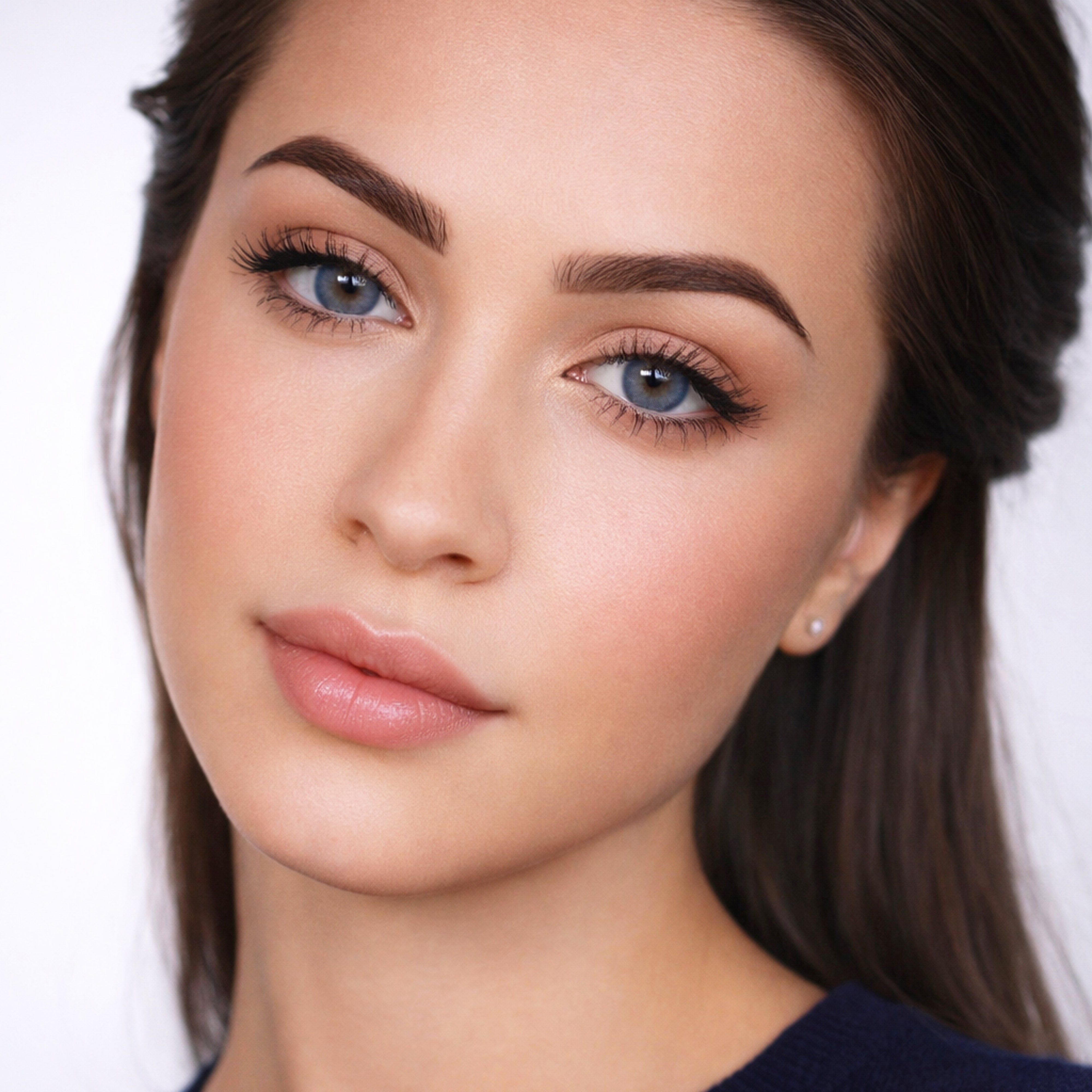 Porträt einer Frau mit blauen Augen. Dunkelbraune Haare, helle Haut, Lippenstift.