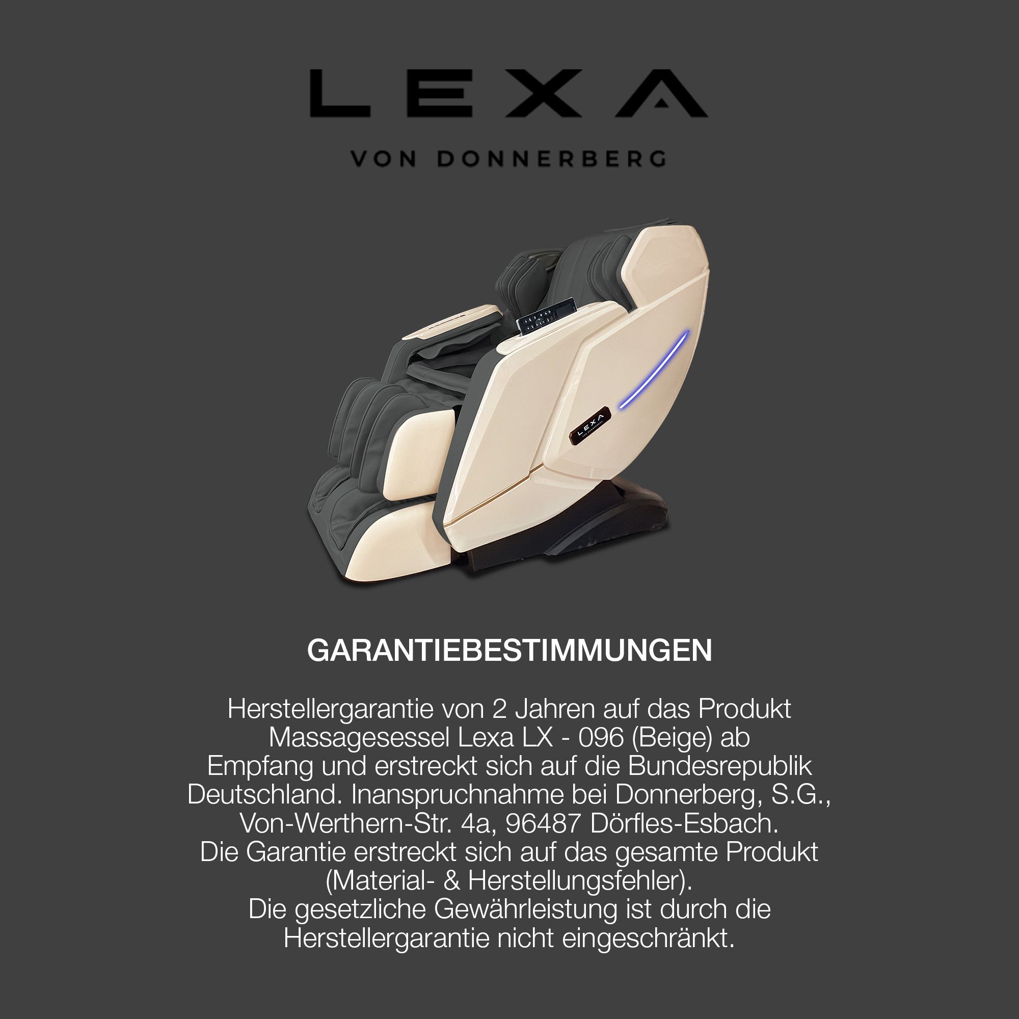 Massagesessel Lexa von Donnerberg. Garantiebestimmungen. Produktname und Logo deutlich sichtbar.