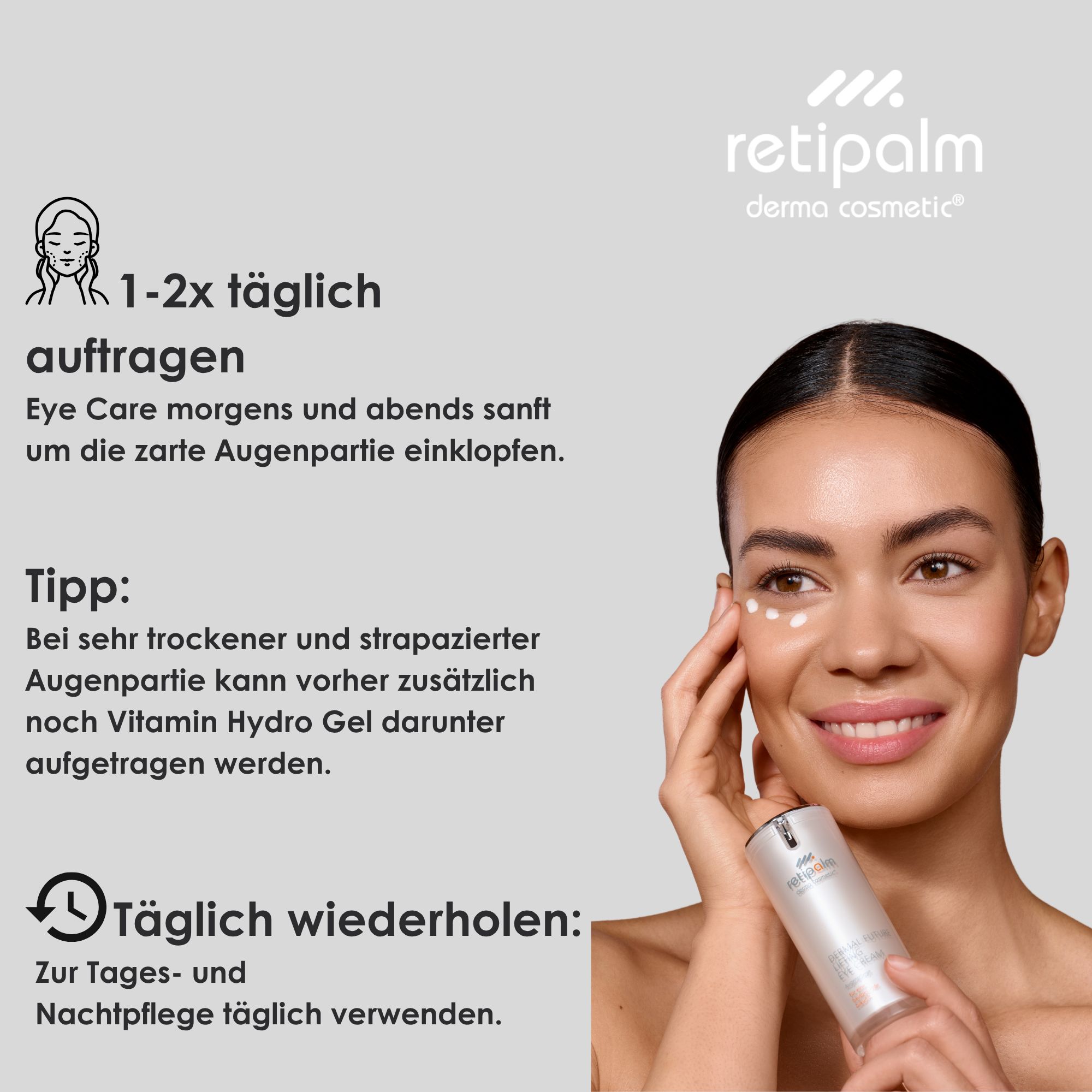 Retipalm Eye Care Spender mit Anwendungshinweisen und Frau.