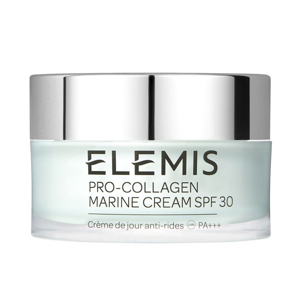 Creme-Tiegel mit silbernem Deckel. Aufschrift: Elemis Pro-Collagen Marine Cream SPF 30. Crème de jour anti-rides.