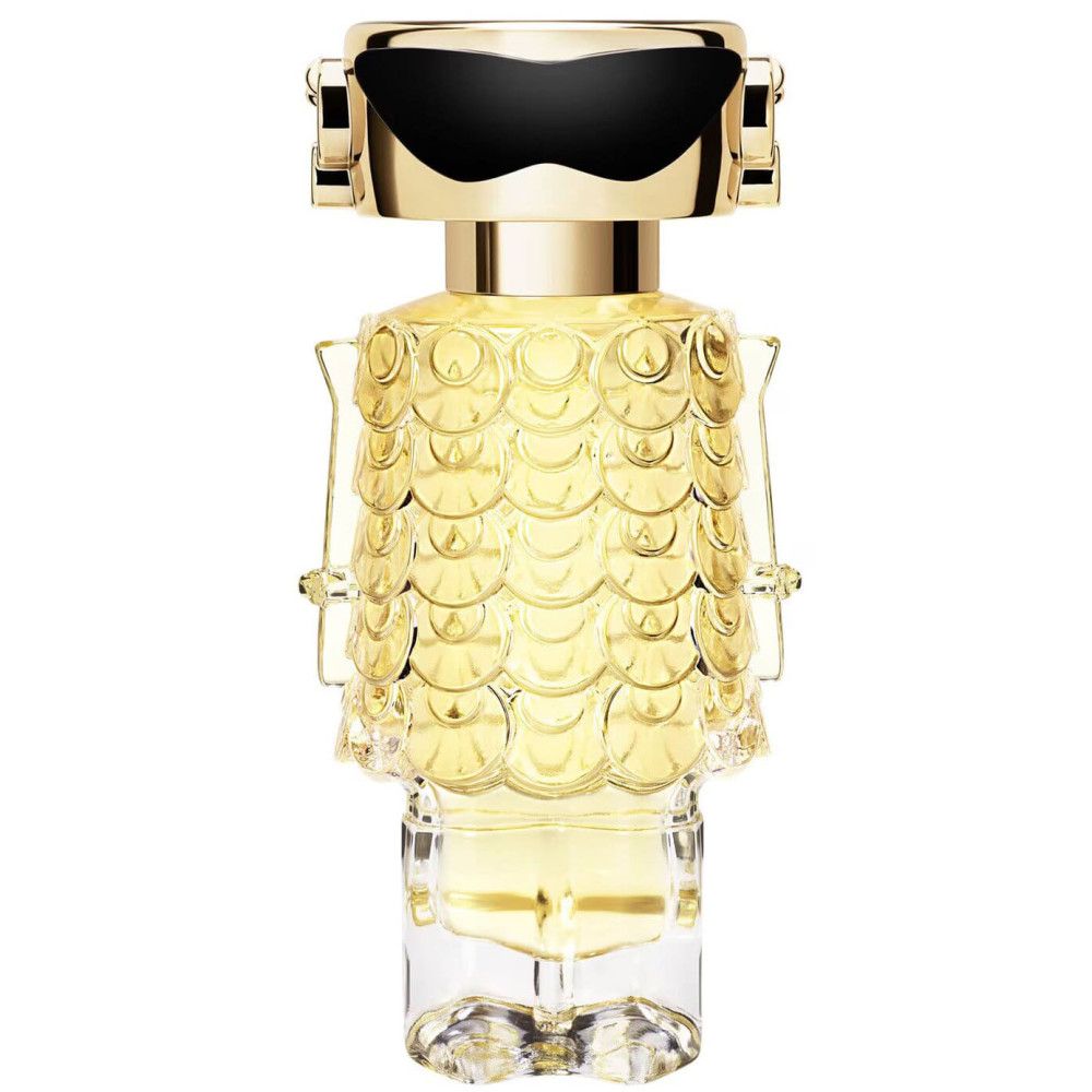 Paco Rabanne Fame Eau de Parfum. Goldene Flasche mit gelber Flüssigkeit.
