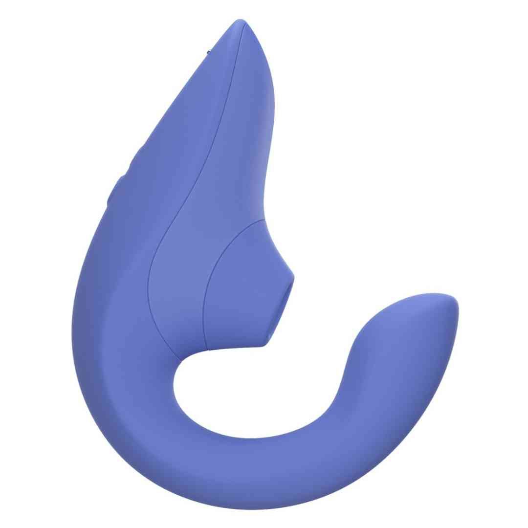 Blaues, ergonomisch geformtes Wellness-Produkt. Es hat eine geschwungene Form mit einer abgerundeten Spitze und einem kleineren, hervorstehenden Teil.