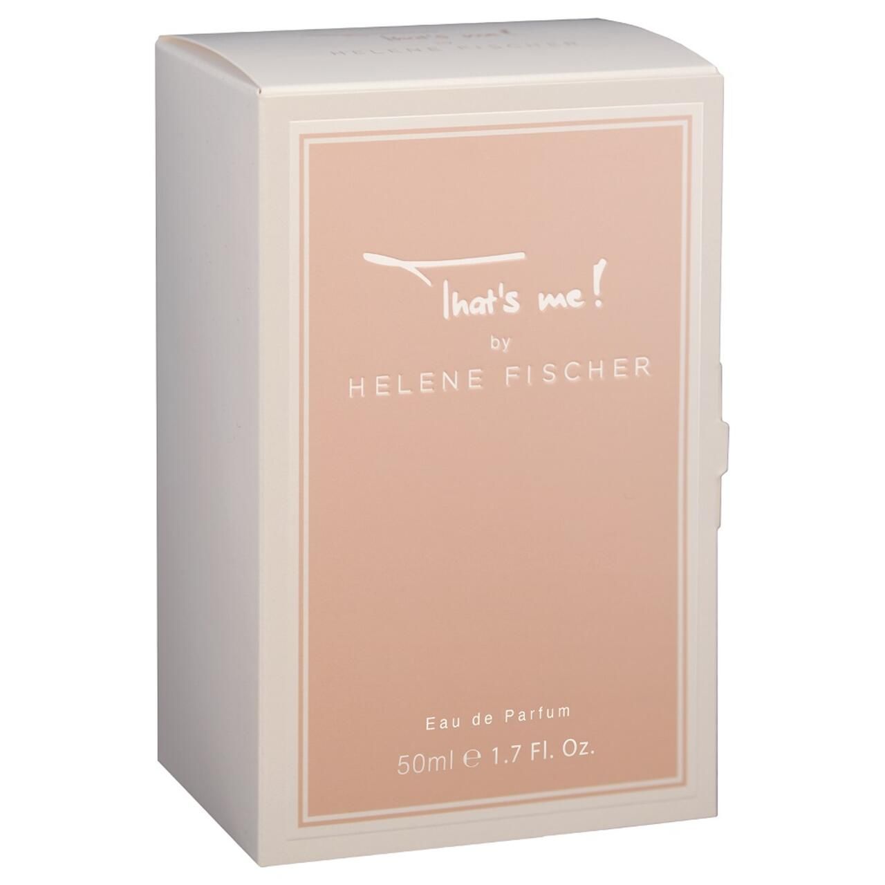 Verpackung für Eau de Parfum. Rechteckige, weiße Schachtel mit Schriftzug 'That's me!' und 'Helene Fischer'.