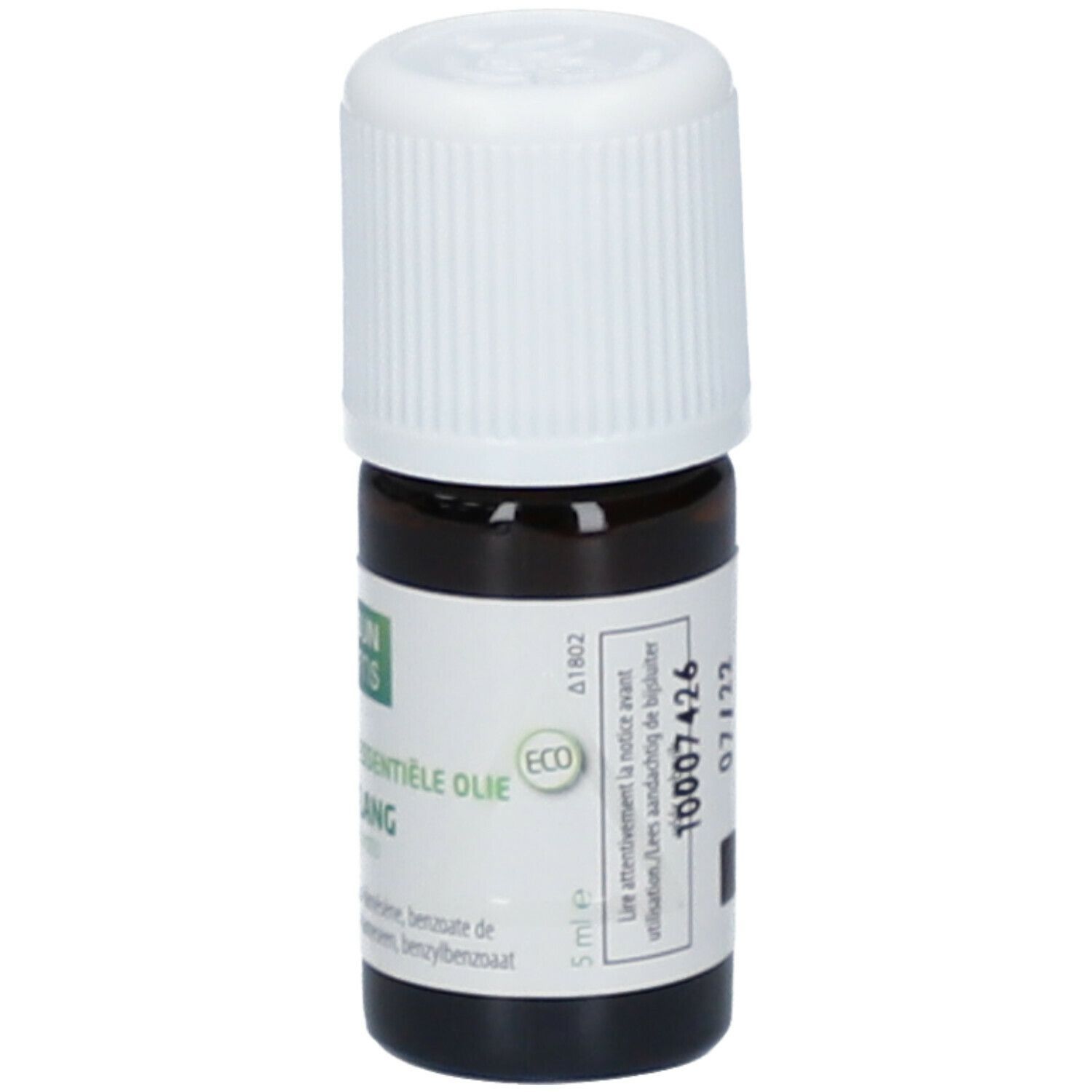 Flacon en verre brun avec bouchon blanc. Étiquette: Phytosun, Essentiële Olie Ylang-Ylang, 5 ml.