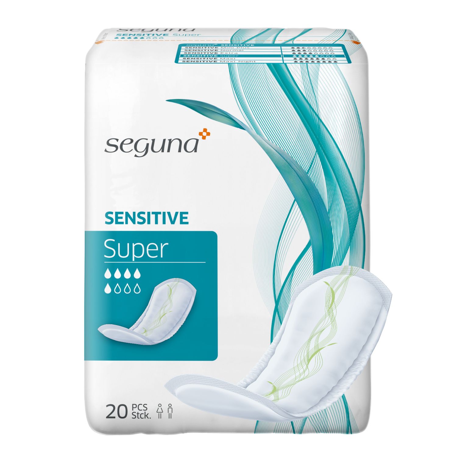 Verpackung von SEGUNA SENSITIVE Super. 20 Stück. Produkt mit weißer Oberfläche, grünen Mustern. Tropfensymbole.