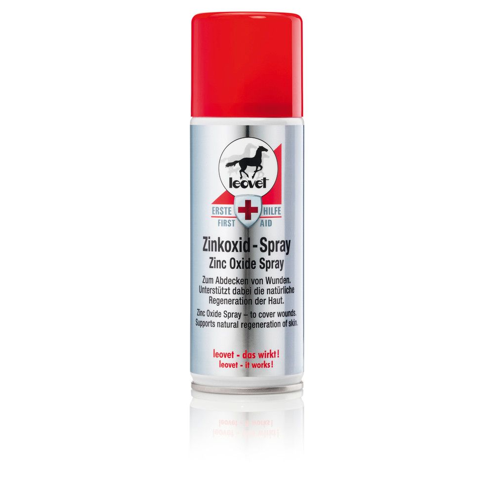 Zinkoxid-Spray-Dose mit rotem Deckel. Silberne Dose mit Produktnamen und Logo. Erste Hilfe-Symbol.