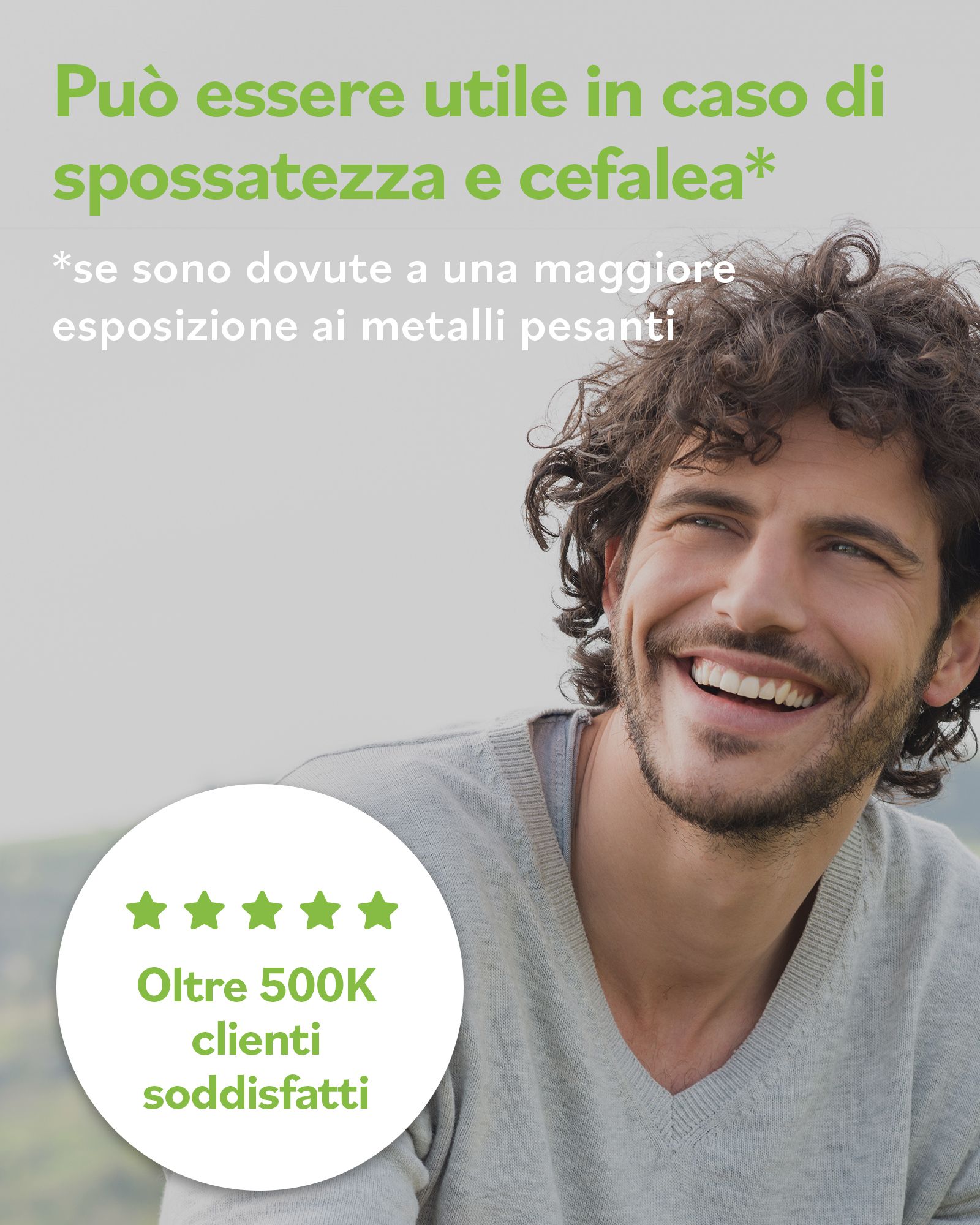 Un uomo sorridente. Testo: "Può essere utile in caso di spossatezza e cefalea*" (Può essere utile in caso di stanchezza e mal di testa*). Valutazione a stelle: Oltre 500.000 clienti soddisfatti.