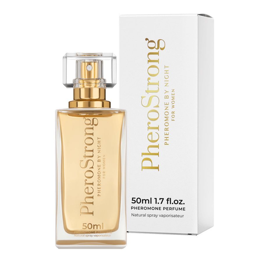 PheroStrong Pheromon Parfüm für Frauen, 50ml. Glasflasche mit Pumpsprühkopf und weißer Faltschachtel.