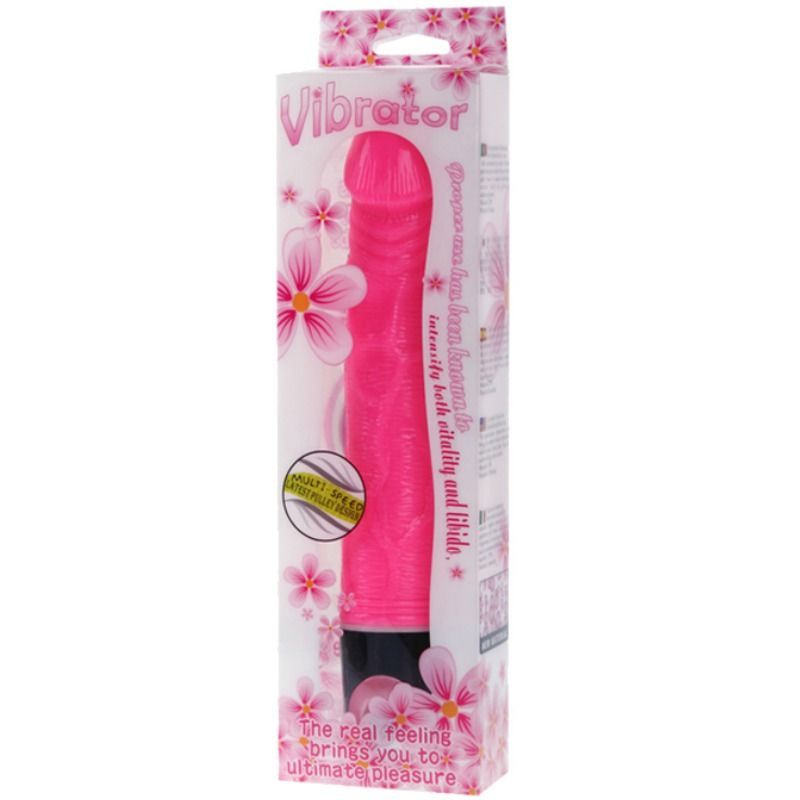 Pinkfarbener Vibrator in Verpackung. Verpackung zeigt Produktabbildung und floralem Design. Text: Vibrator.