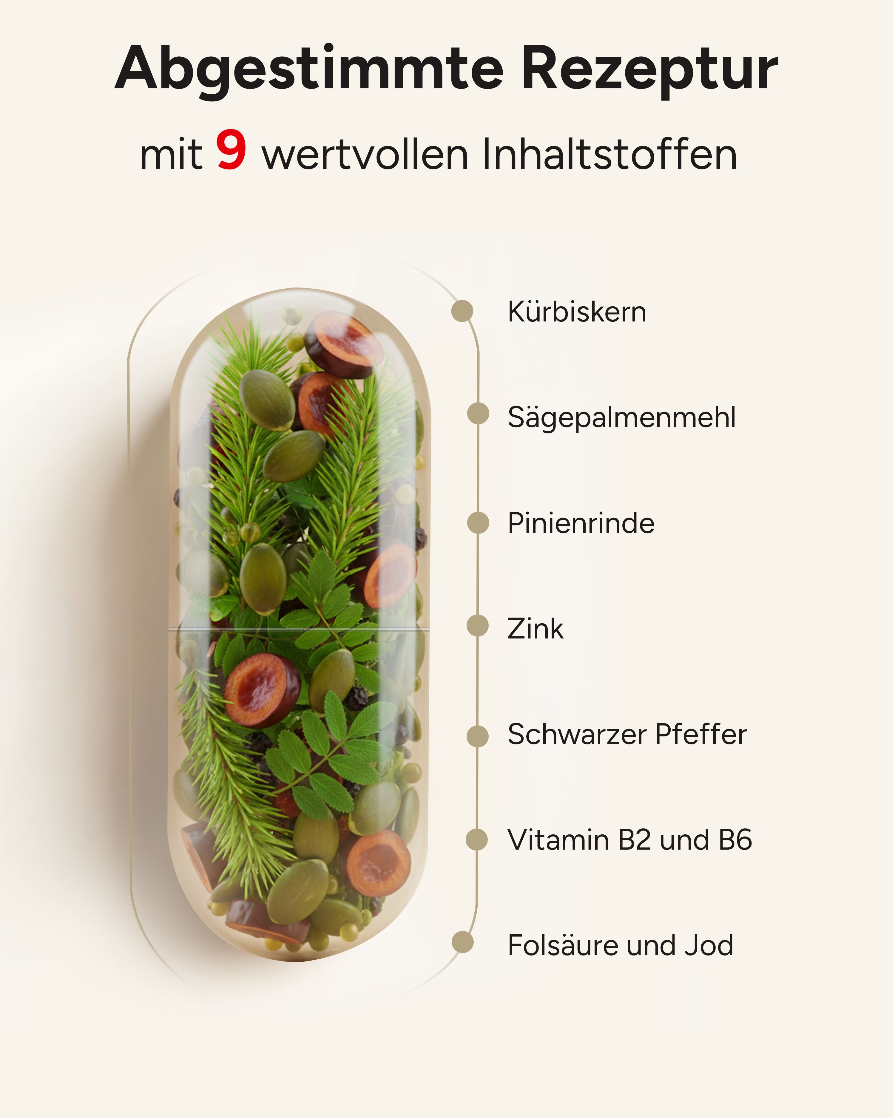 Kapsel mit Inhaltsstoffen: Kürbiskern, Sägepalmenmehl, Pinienrinde, Zink, Schwarzer Pfeffer, Vitamin B2 und B6, Folsäure und Jod.