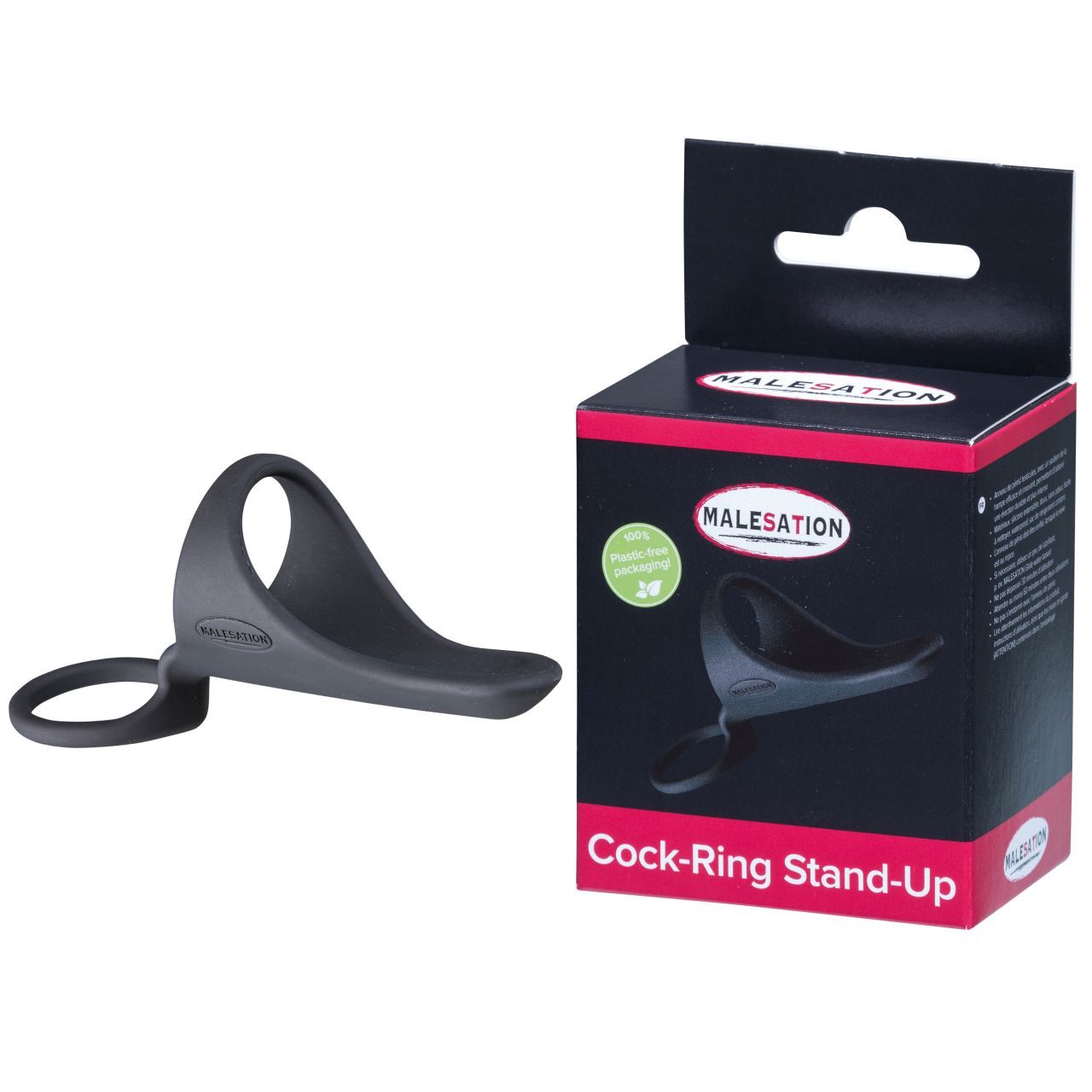 Malesation Cock-Ring Stand-Up, schwarz. Produkt und Verpackung. Verpackung mit Produktabbildung und Logo.