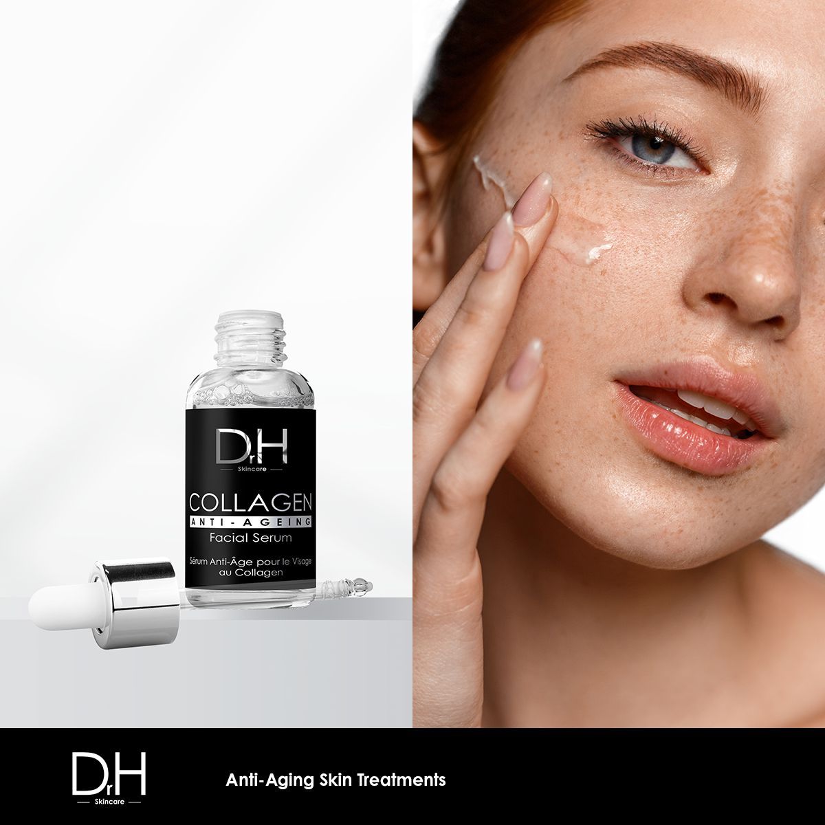 Frau trägt Serum auf. Serumflasche mit Pipette. Text: Anti-Aging Facial Serum. D.H. Skincare.