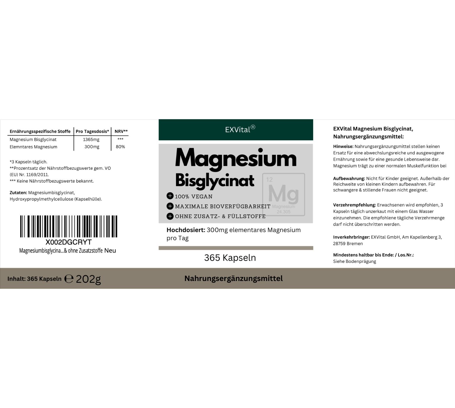 Produktetikett von EXVital Magnesiumbisglycinat. Enthält Informationen zu Inhaltsstoffen, Dosierung und Nährwerten.