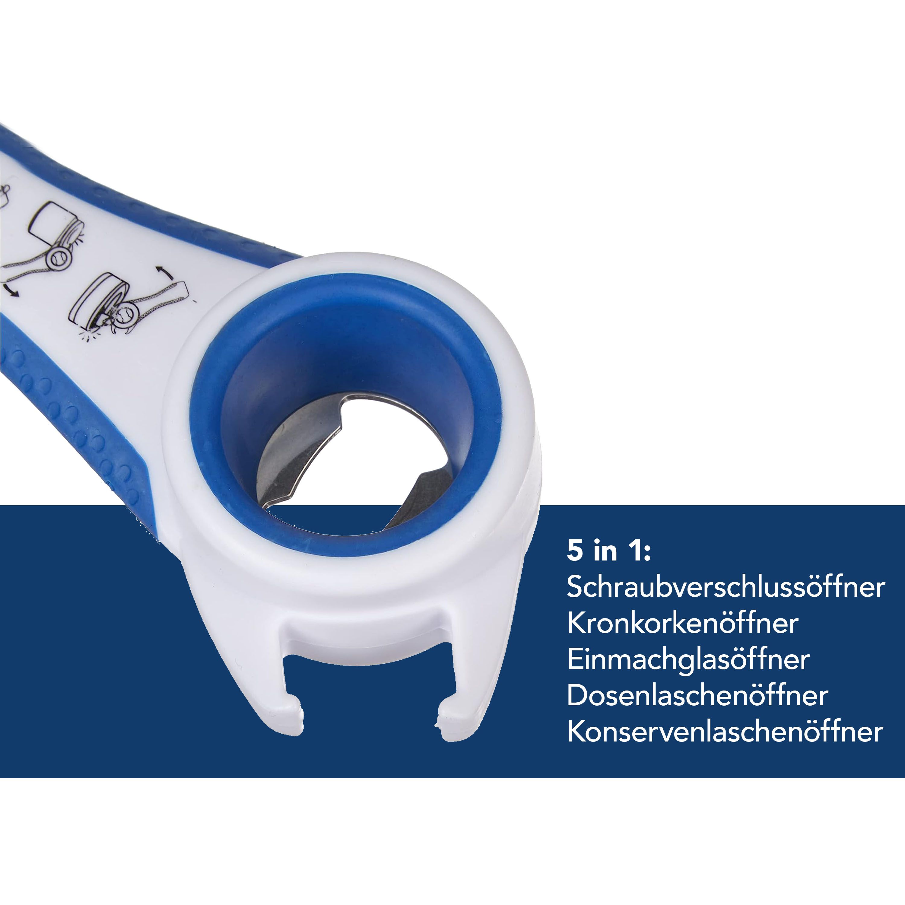 Nahaufnahme eines weiß-blauen 5-in-1-Multi-Öffners. Text: 5 in 1: Schraubverschlussöffner, Kronkorkenöffner, Einmachglasöffner, Dosenlaschenöffner, Konservenlaschenöffner.