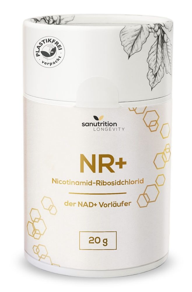 Zylindrische Dose mit "Sanutrition NR+". Text: Nicotinamid-Ribosidchlorid, der NAD+ Vorläufer, 20g. Oben: "PLASTIKFREI verpackt".