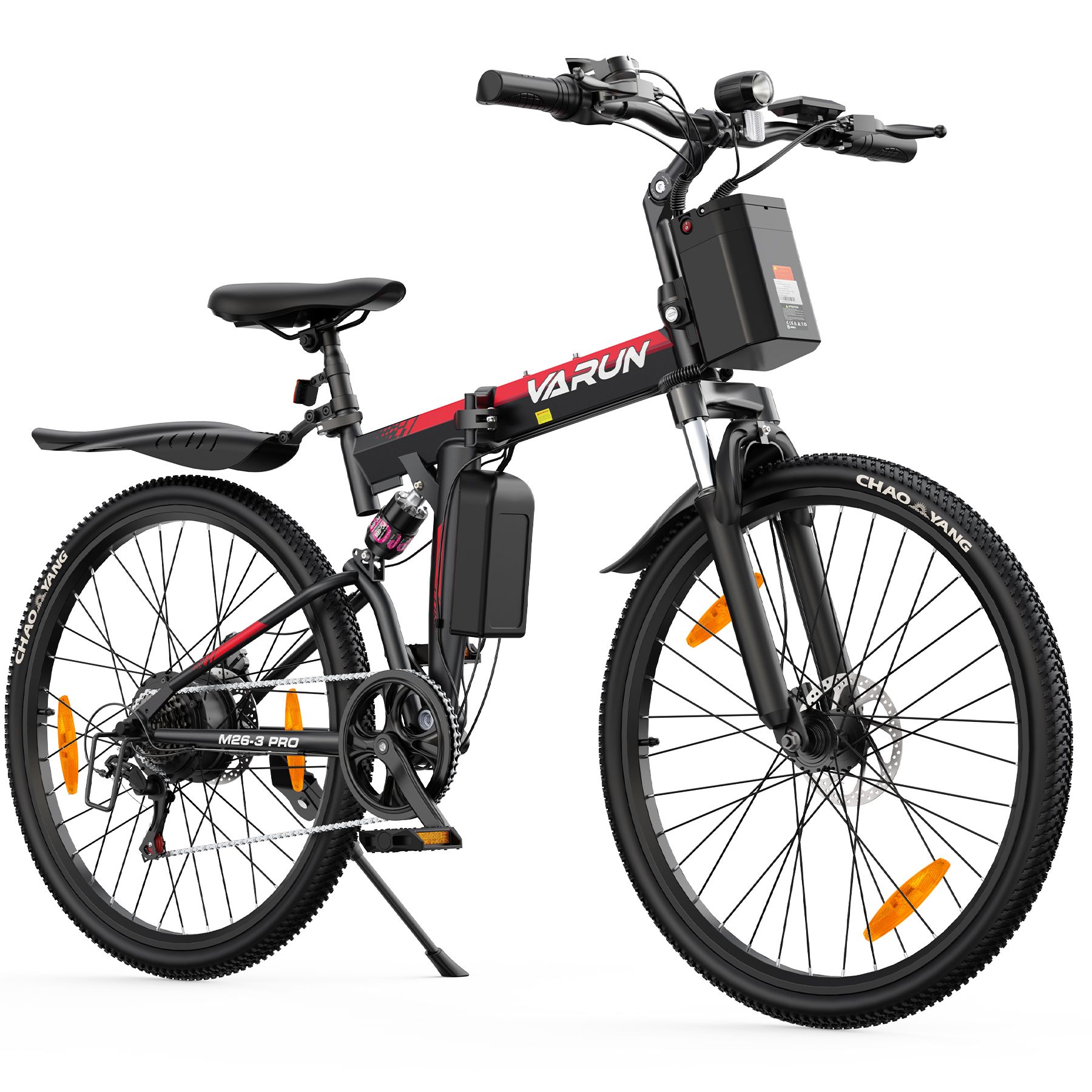 E-Bike, schwarzes Design mit roten Akzenten. VARUN-Logo sichtbar. Vollfederung, Scheibenbremsen. Zubehör.
