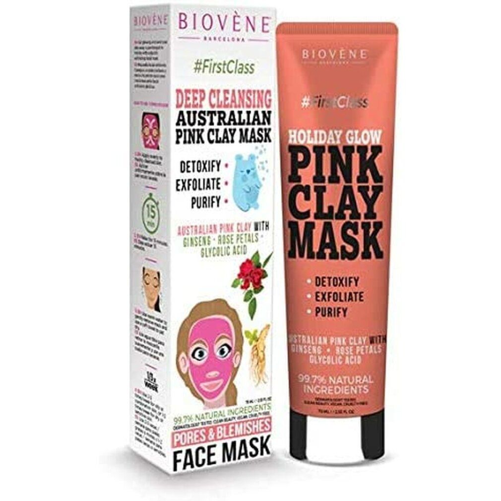 Rosa Tube und Schachtel. Auf der Schachtel ist eine Illustration einer Person mit Gesichtsmaske zu sehen. Der Markenname Biovene ist sichtbar.