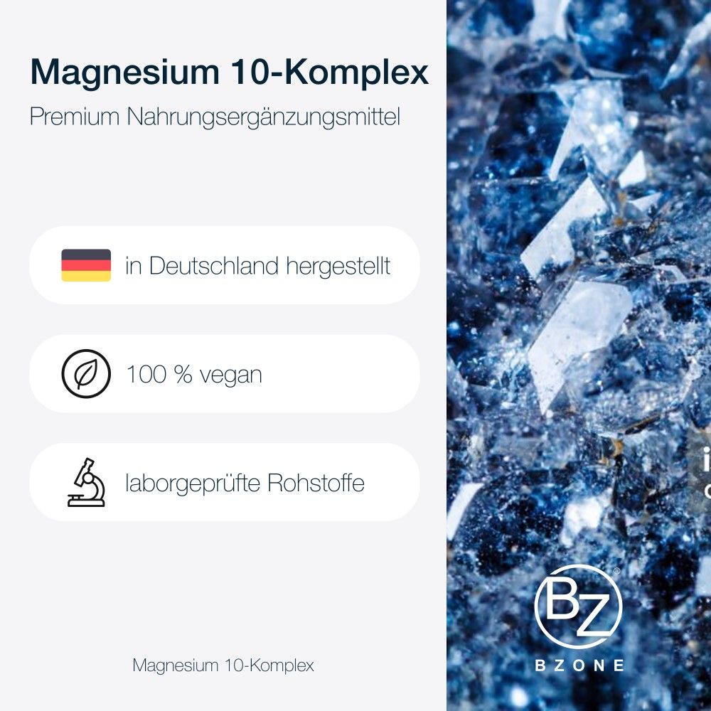BZONE® Magnesium 10 Komplex. Text: In Deutschland hergestellt, 100% vegan, laborgeprüfte Rohstoffe. Logo BZONE.