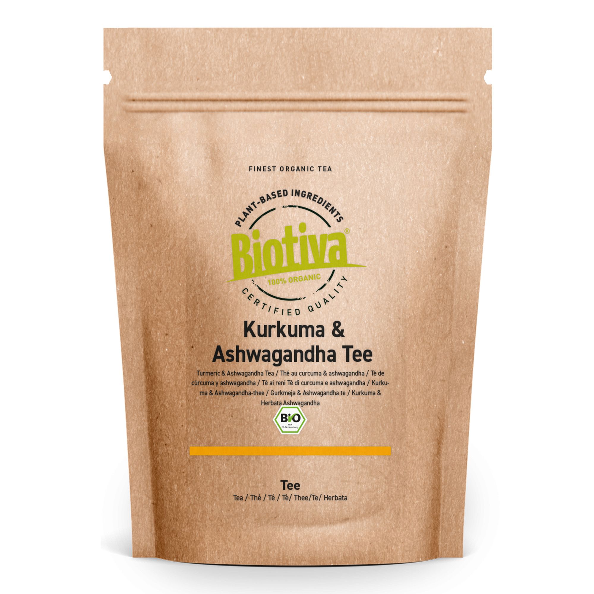 Braune Papierverpackung mit dem Produktnamen Kurkuma & Ashwagandha Tee. Logo: Biotiva. Text: Finest Organic Tea, Plant-based ingredients, Bio-Siegel.